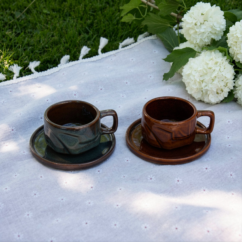 Set of 2 - Blue & Brown Yunomis With Coaster | 200ml (2pcs)