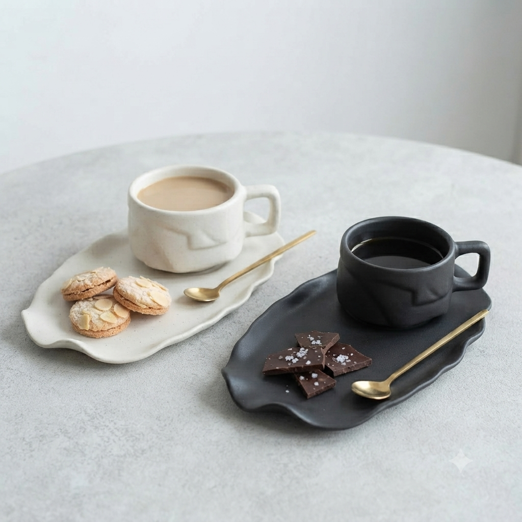 Set of 2 - White & Black Yunomis With platters | 200ml (2pcs)