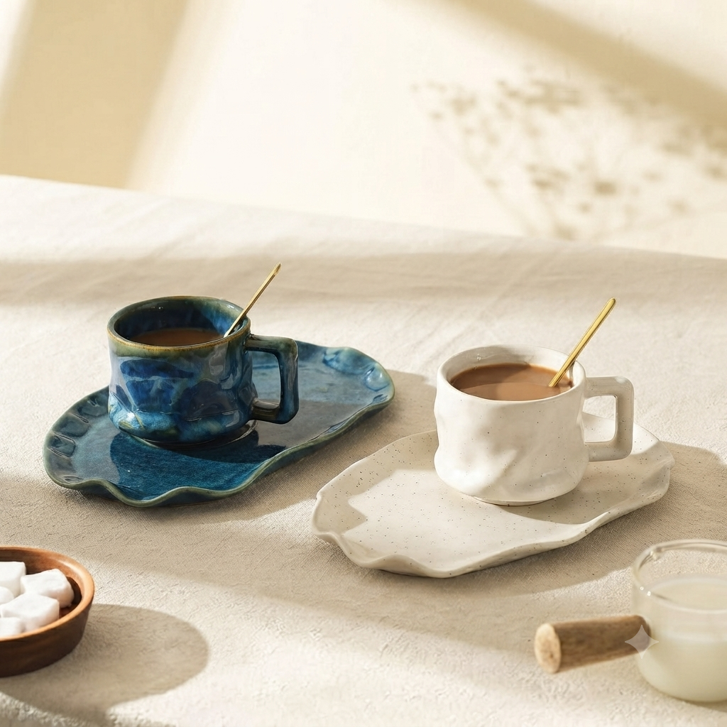Set of 2 - White & Blue Yunomis With platters | 300ml (2pcs)