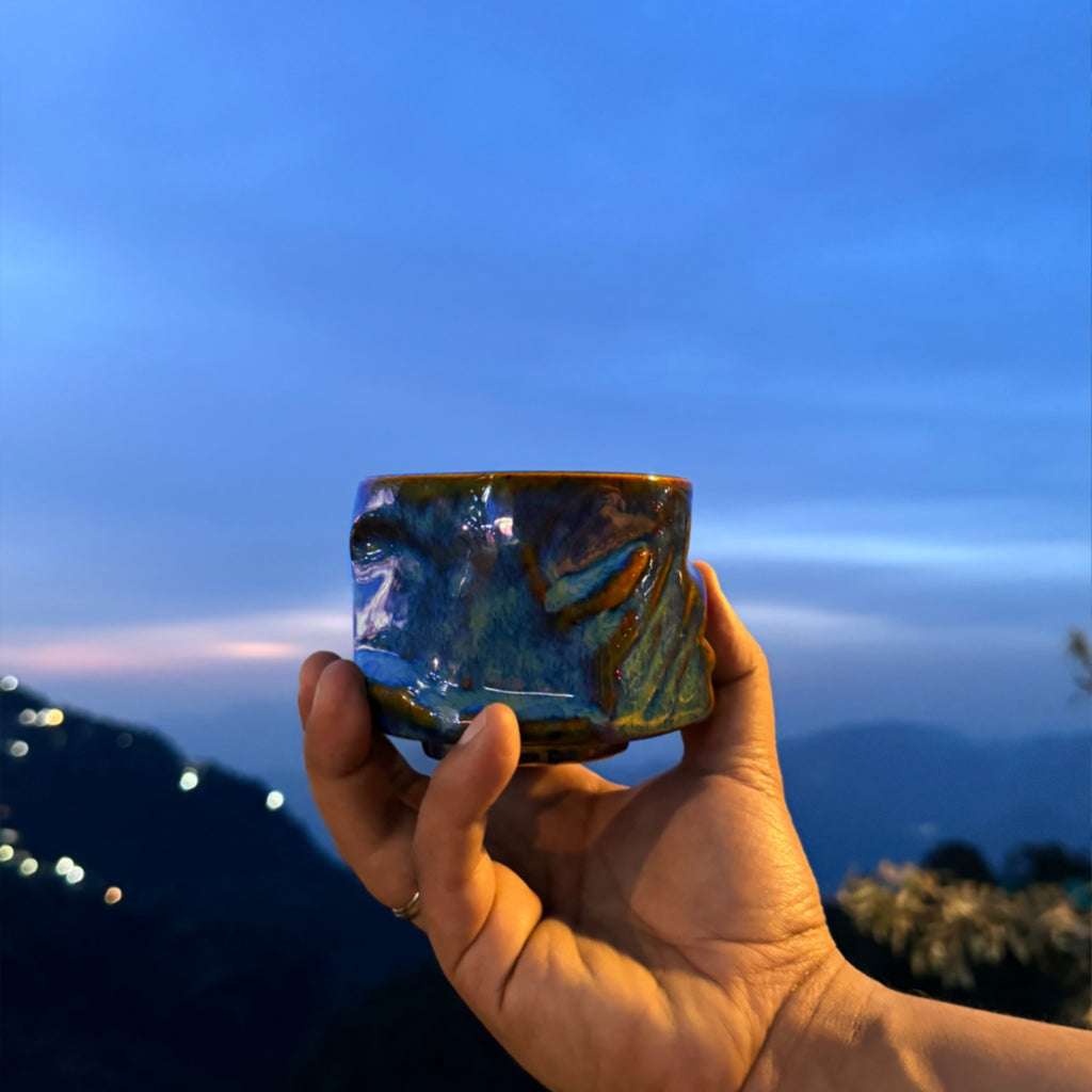 Stream - Yunomi Mugs - Without handle. Color- Antique Blue. Back View.