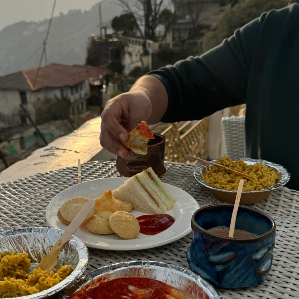Eating Snacks with tea served in Yunomi Mugs in the mountains.