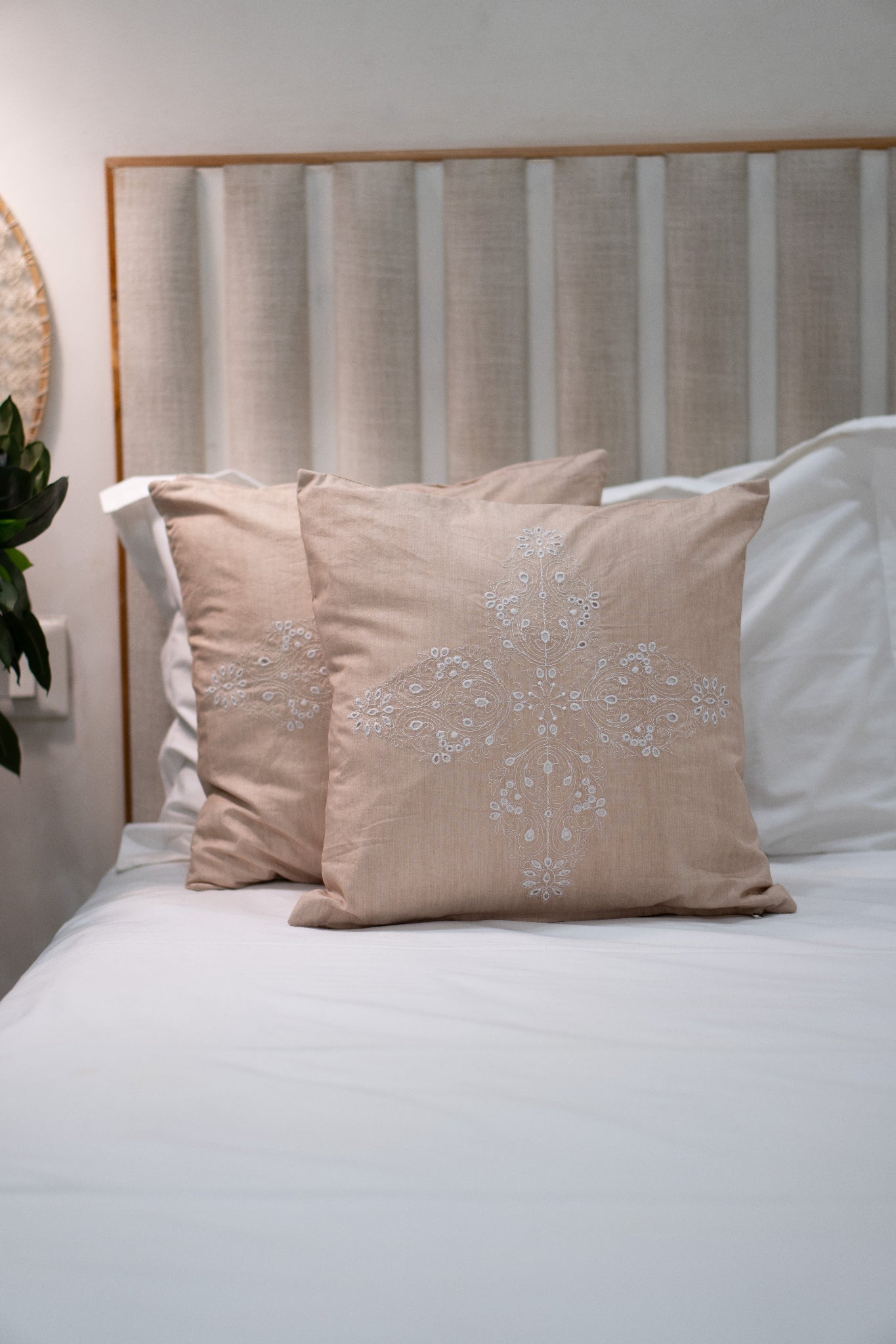 Our Embroidery Cushion with Intricately embroidered mandala motifs. Schiffli Embroidered Cushions with cutwork.