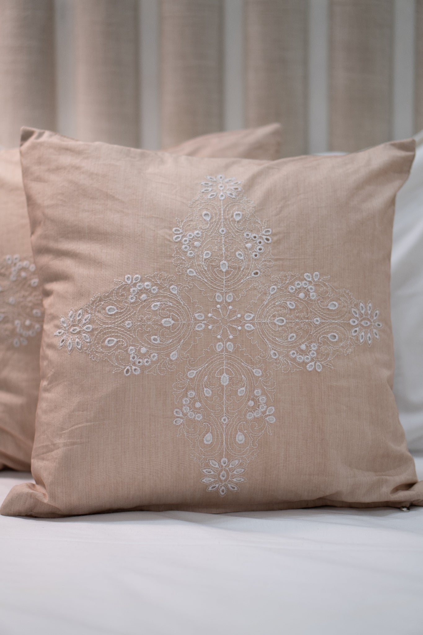 Our Embroidery Cushion with Intricately embroidered mandala motifs. Schiffli Embroidered Cushions with cutwork.
