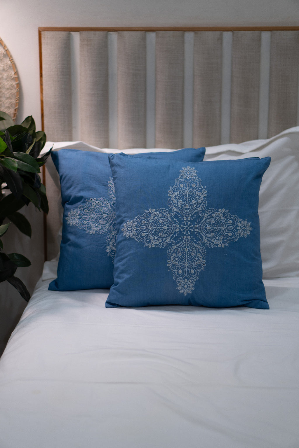 Our Embroidery Cushion with Intricately embroidered mandala motifs. Schiffli Embroidered Cushions with cutwork.
