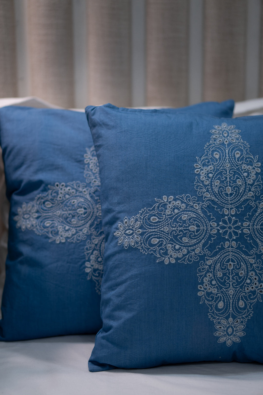 Our Embroidery Cushion with Intricately embroidered mandala motifs. Schiffli Embroidered Cushions with cutwork.