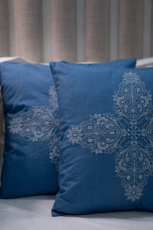 Our Embroidery Cushion with Intricately embroidered mandala motifs. Schiffli Embroidered Cushions with cutwork.