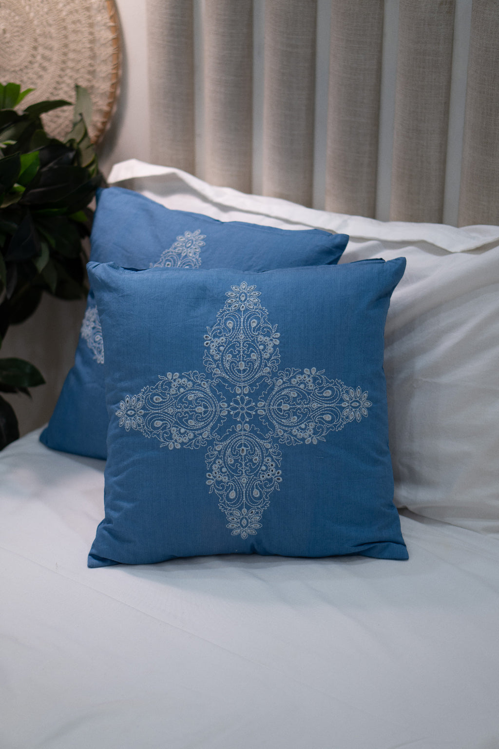 Our Embroidery Cushion with Intricately embroidered mandala motifs. Schiffli Embroidered Cushions with cutwork.