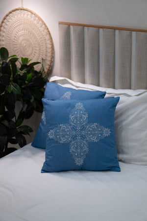 Our Embroidery Cushion with Intricately embroidered mandala motifs. Schiffli Embroidered Cushions with cutwork.