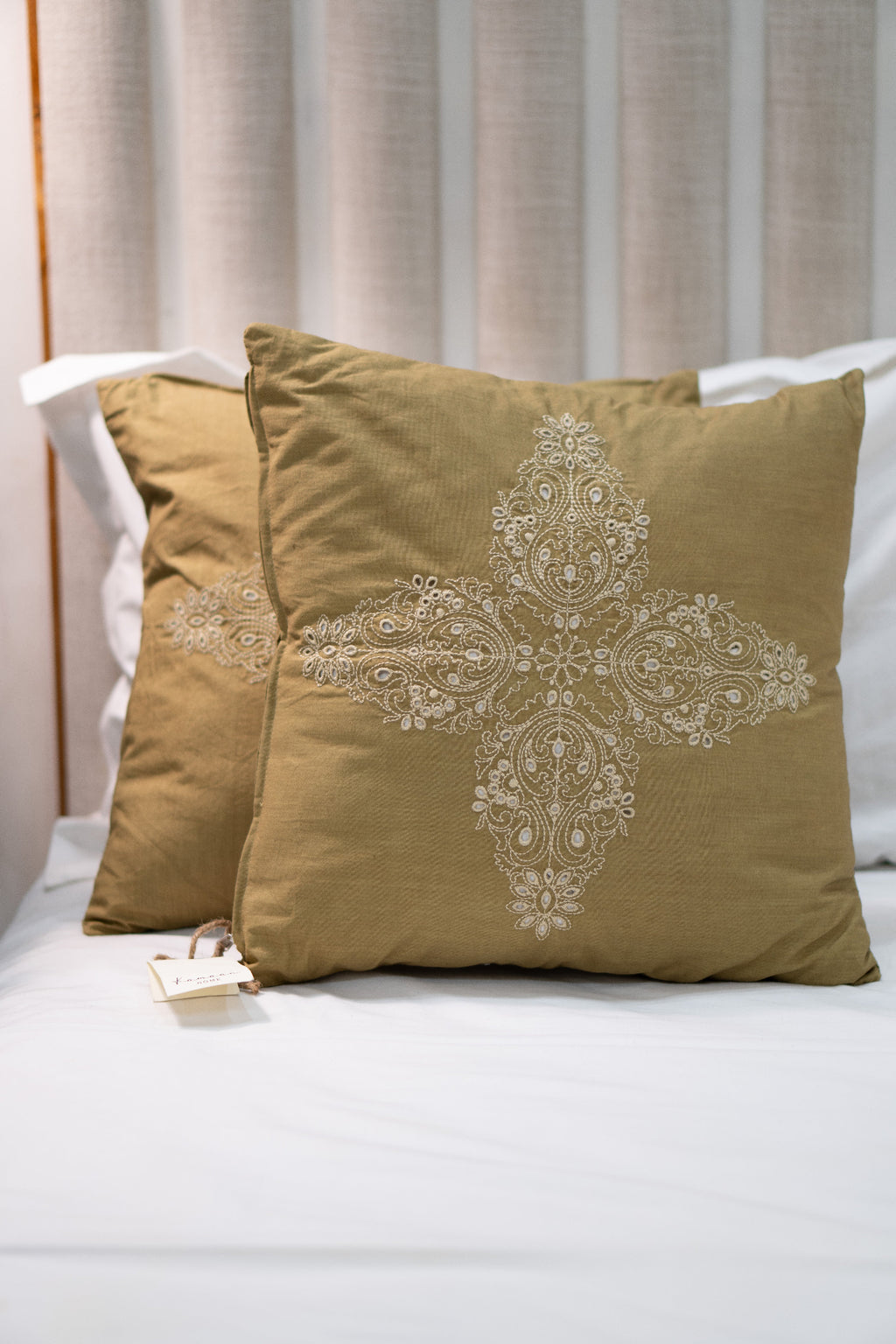 Our Embroidery Cushion with Intricately embroidered mandala motifs. Schiffli Embroidered Cushions with cutwork.