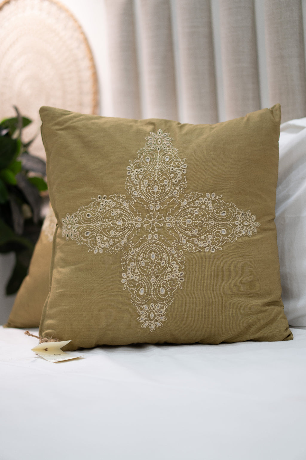Our Embroidery Cushion with Intricately embroidered mandala motifs. Schiffli Embroidered Cushions with cutwork.