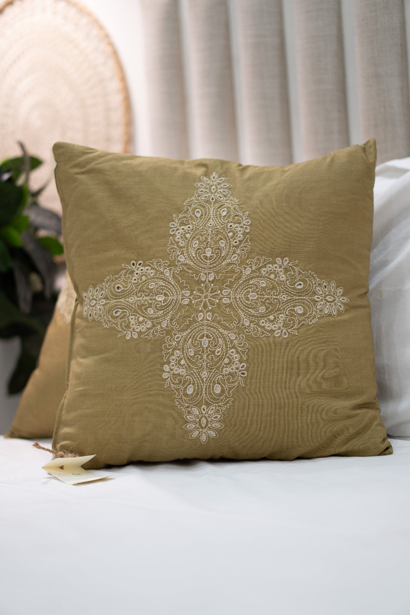 Our Embroidery Cushion with Intricately embroidered mandala motifs. Schiffli Embroidered Cushions with cutwork.