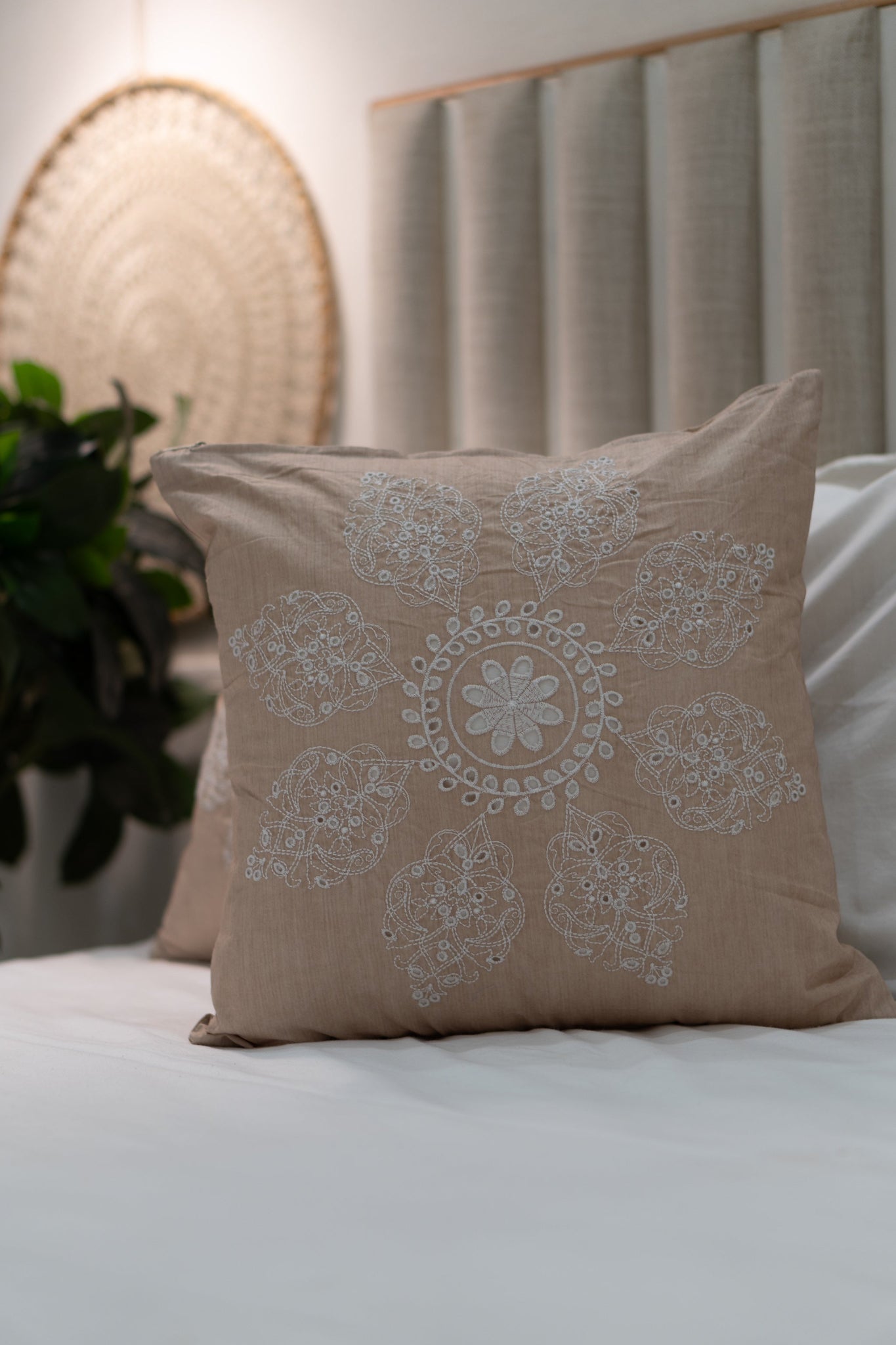 Our Embroidery Cushion with Intricately embroidered mandala motifs. Schiffli Embroidered Cushions with cutwork.