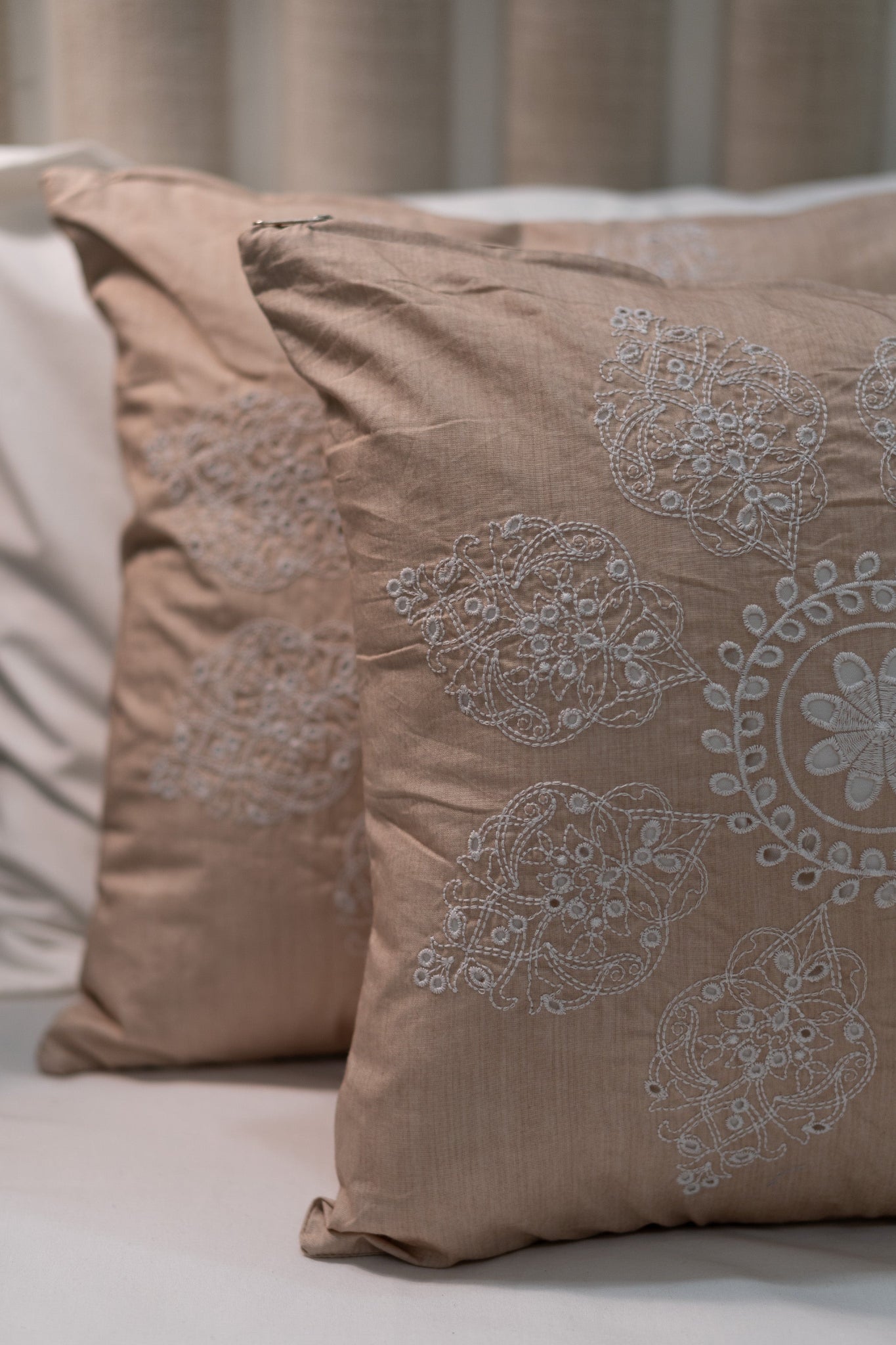 Our Embroidery Cushion with Intricately embroidered mandala motifs. Schiffli Embroidered Cushions with cutwork.