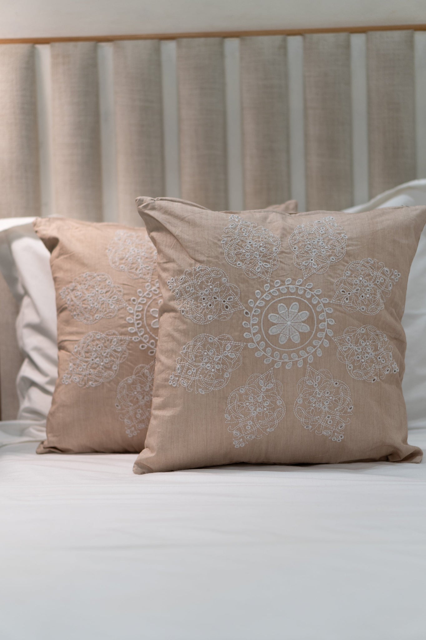 Our Embroidery Cushion with Intricately embroidered mandala motifs. Schiffli Embroidered Cushions with cutwork.