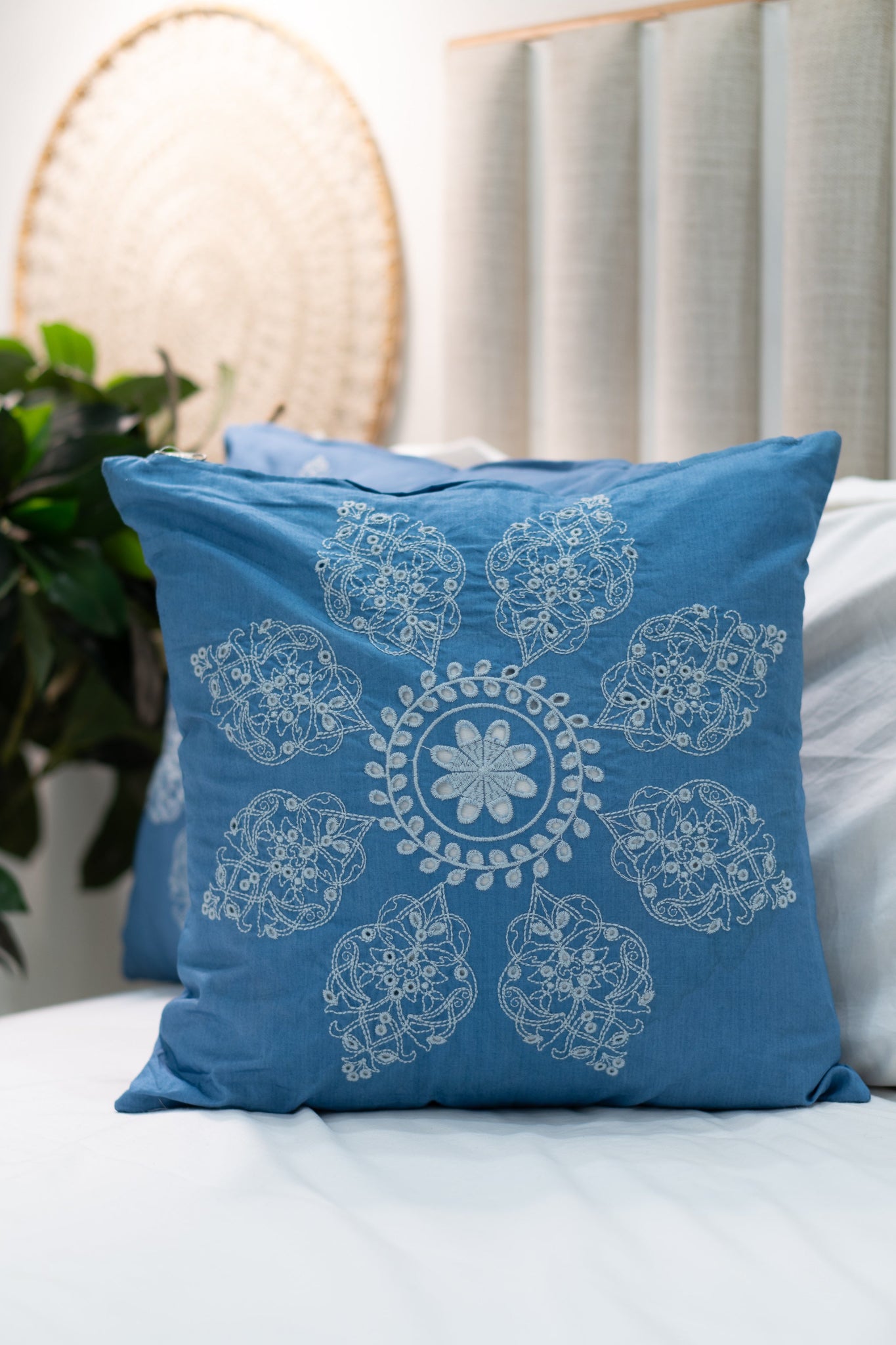 Our Embroidery Cushion with Intricately embroidered mandala motifs. Schiffli Embroidered Cushions with cutwork.