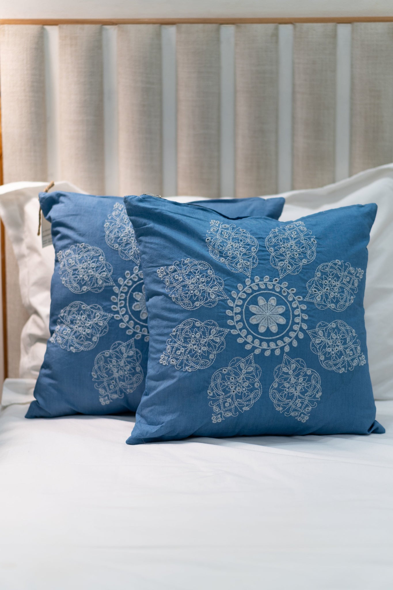 Our Embroidery Cushion with Intricately embroidered mandala motifs. Schiffli Embroidered Cushions with cutwork.