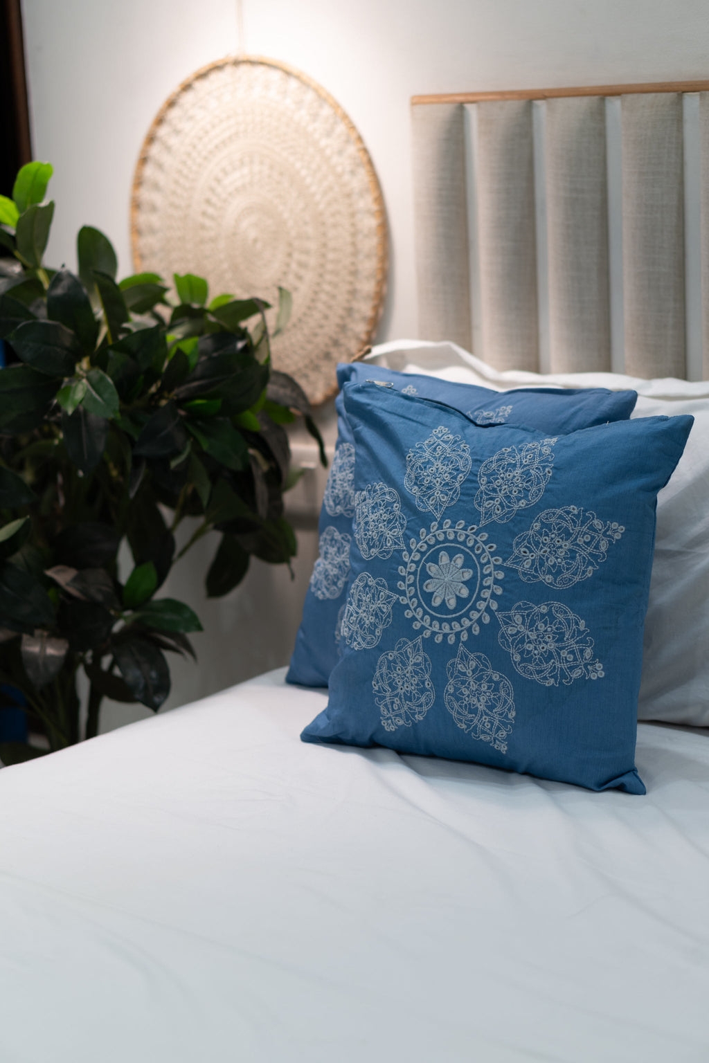 Our Embroidery Cushion with Intricately embroidered mandala motifs. Schiffli Embroidered Cushions with cutwork.
