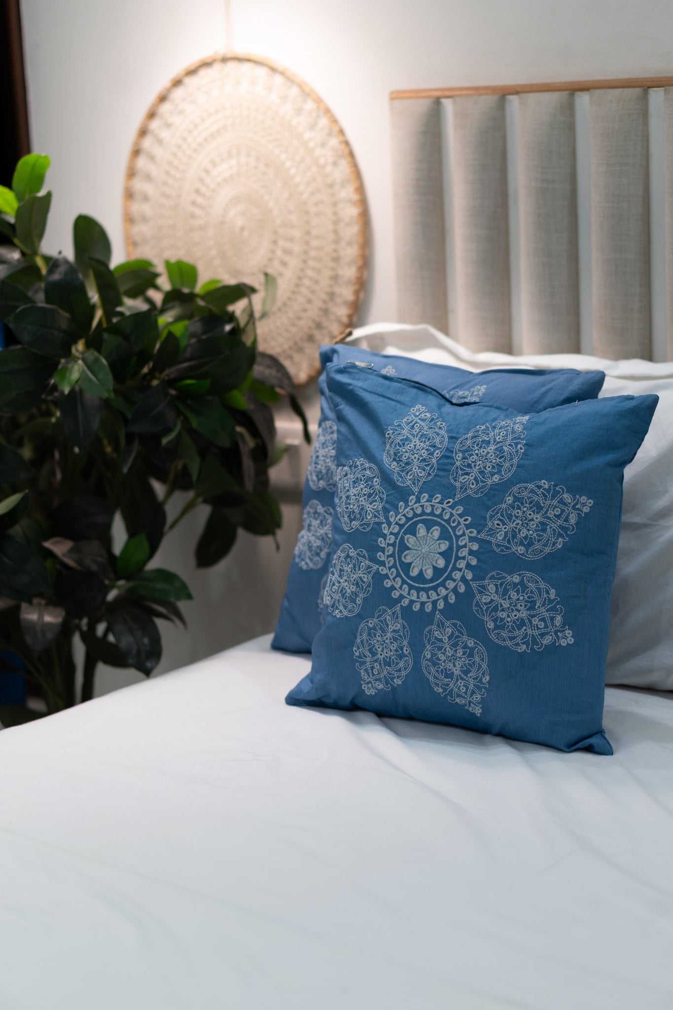 Our Embroidery Cushion with Intricately embroidered mandala motifs. Schiffli Embroidered Cushions with cutwork.