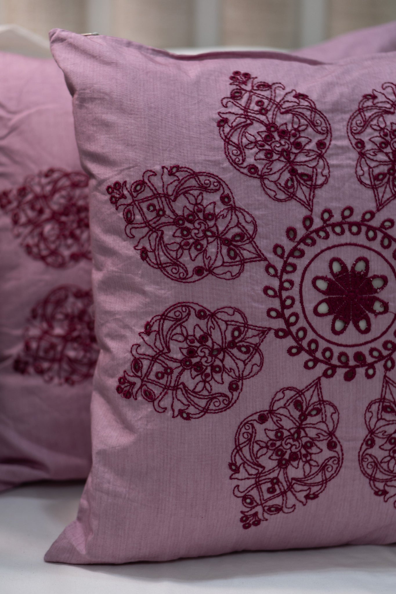 Our Embroidery Cushion with Intricately embroidered mandala motifs. Schiffli Embroidered Cushions with cutwork.