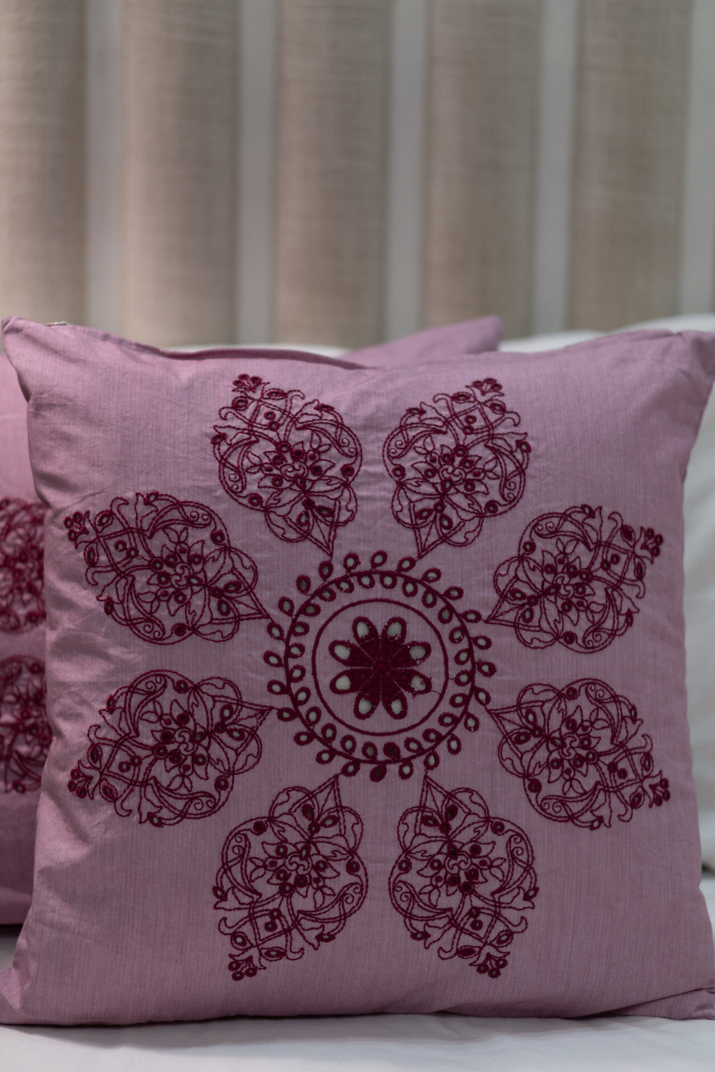 Our Embroidery Cushion with Intricately embroidered mandala motifs. Schiffli Embroidered Cushions with cutwork.