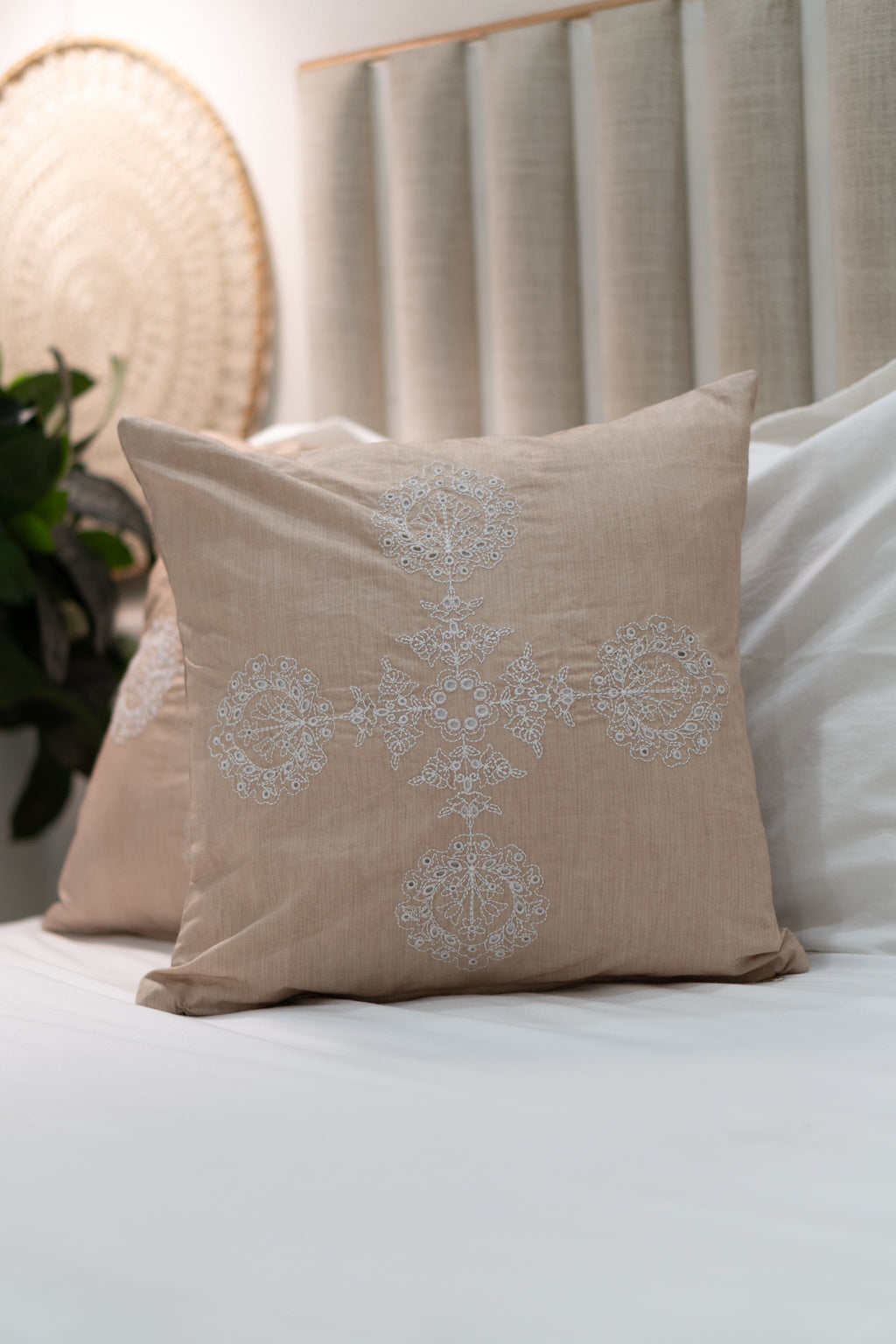 Our Embroidery Cushion with Intricately embroidered mandala motifs. Schiffli Embroidered Cushions with cutwork.