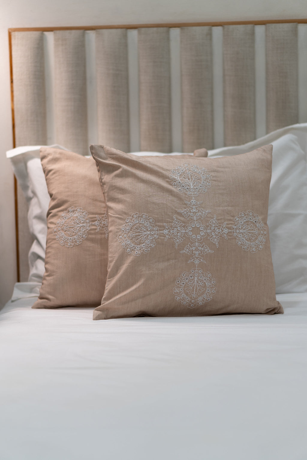 Our Embroidery Cushion with Intricately embroidered mandala motifs. Schiffli Embroidered Cushions with cutwork.