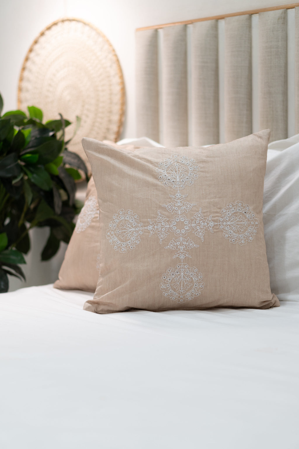 Our Embroidery Cushion with Intricately embroidered mandala motifs. Schiffli Embroidered Cushions with cutwork.