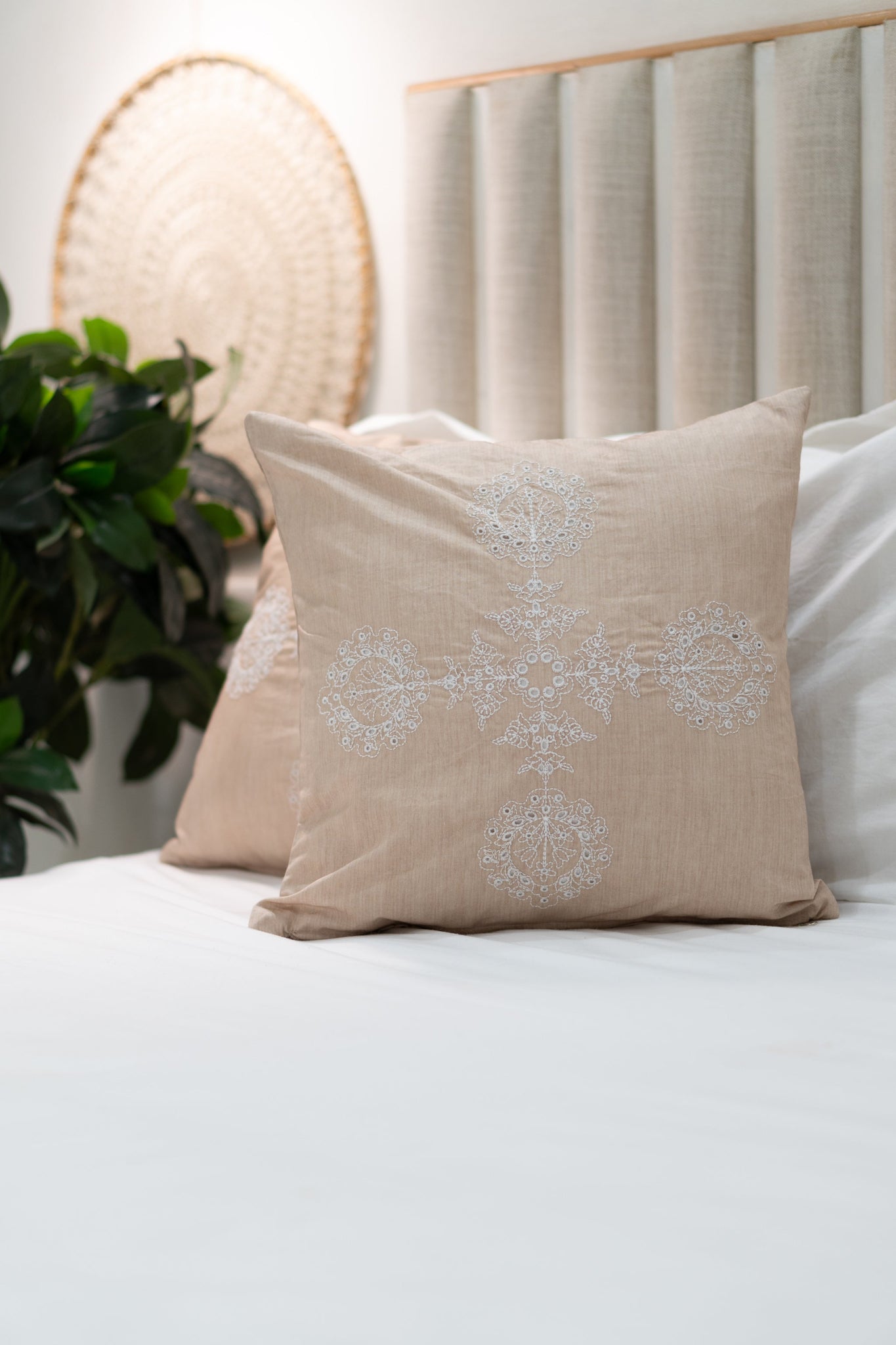 Our Embroidery Cushion with Intricately embroidered mandala motifs. Schiffli Embroidered Cushions with cutwork.