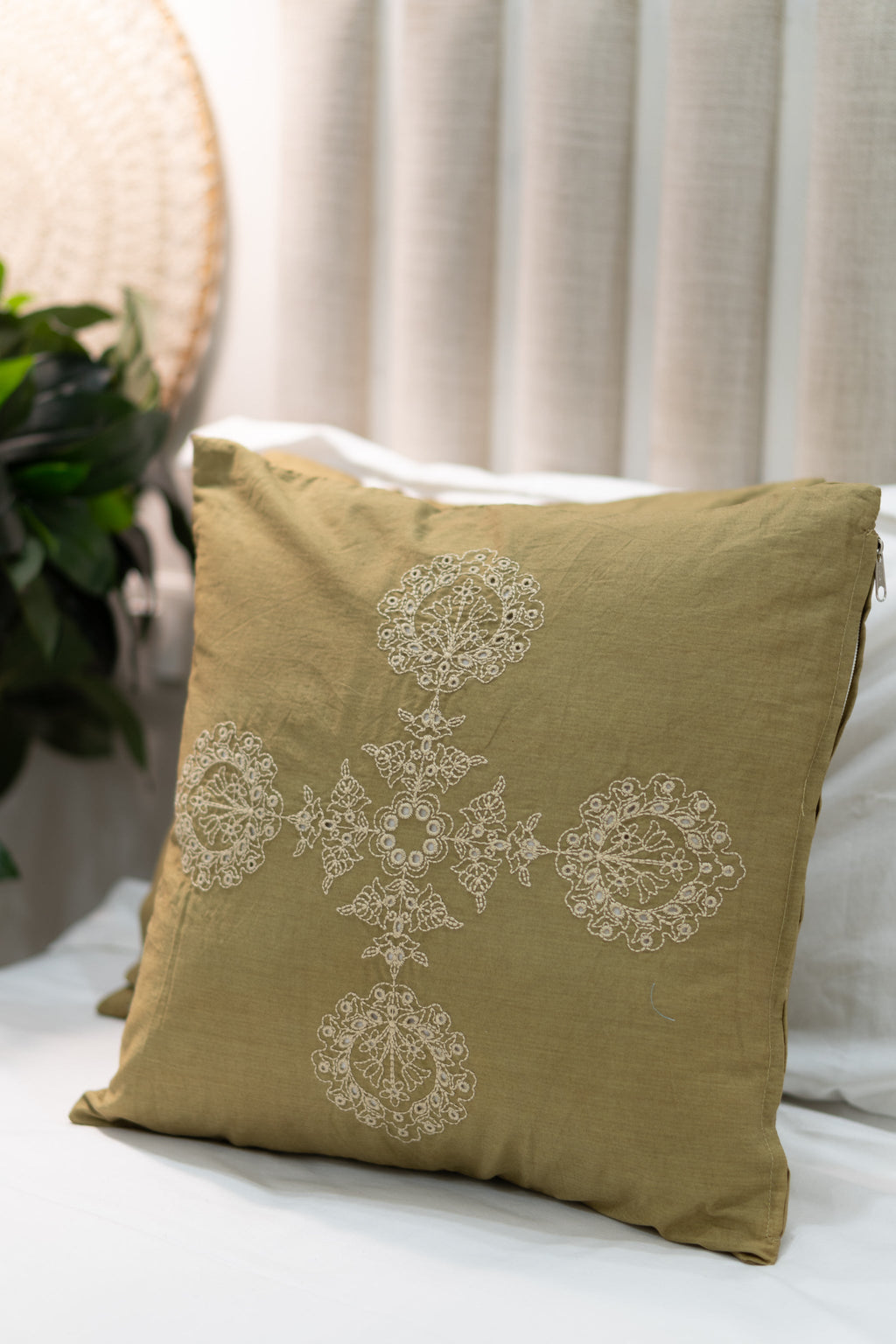Our Embroidery Cushion with Intricately embroidered mandala motifs. Schiffli Embroidered Cushions with cutwork.
