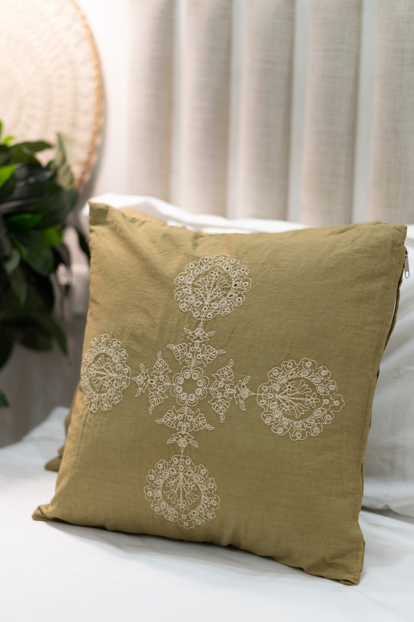 Our Embroidery Cushion with Intricately embroidered mandala motifs. Schiffli Embroidered Cushions with cutwork.