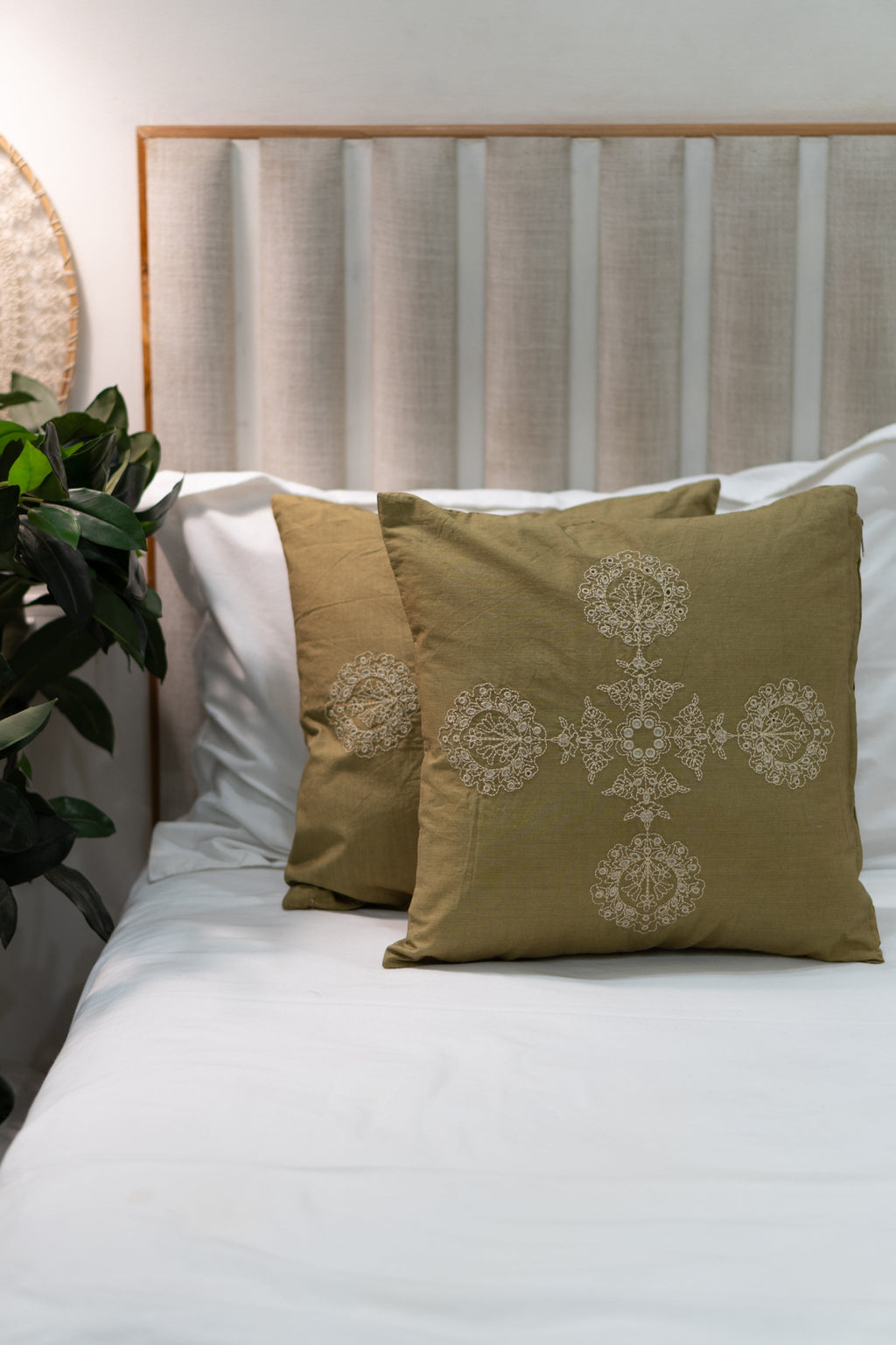 Our Embroidery Cushion with Intricately embroidered mandala motifs. Schiffli Embroidered Cushions with cutwork.