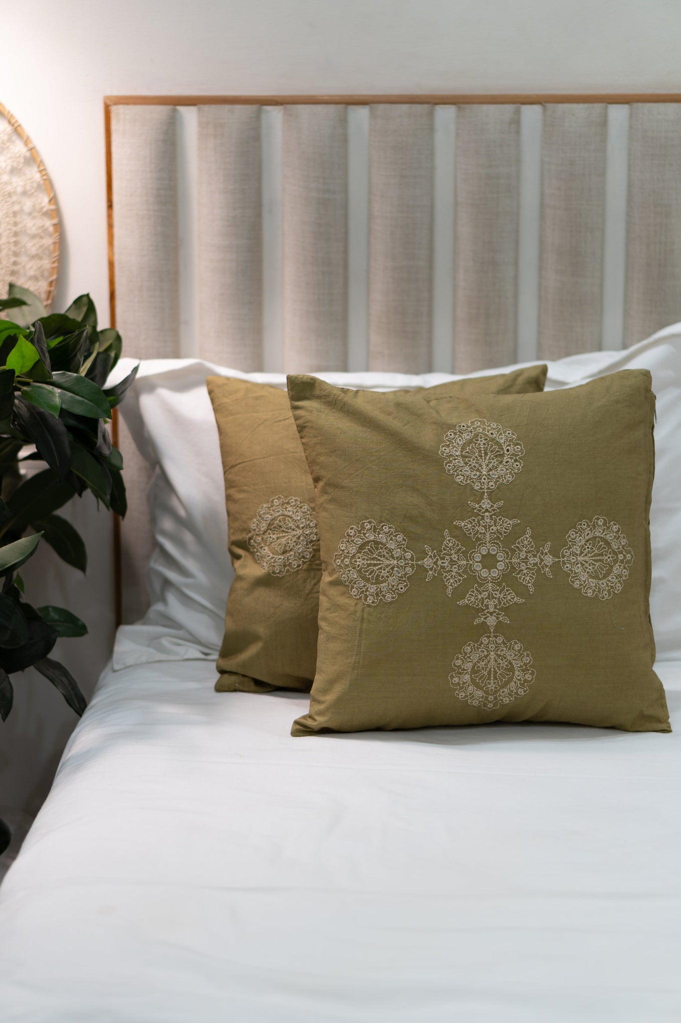 Our Embroidery Cushion with Intricately embroidered mandala motifs. Schiffli Embroidered Cushions with cutwork.