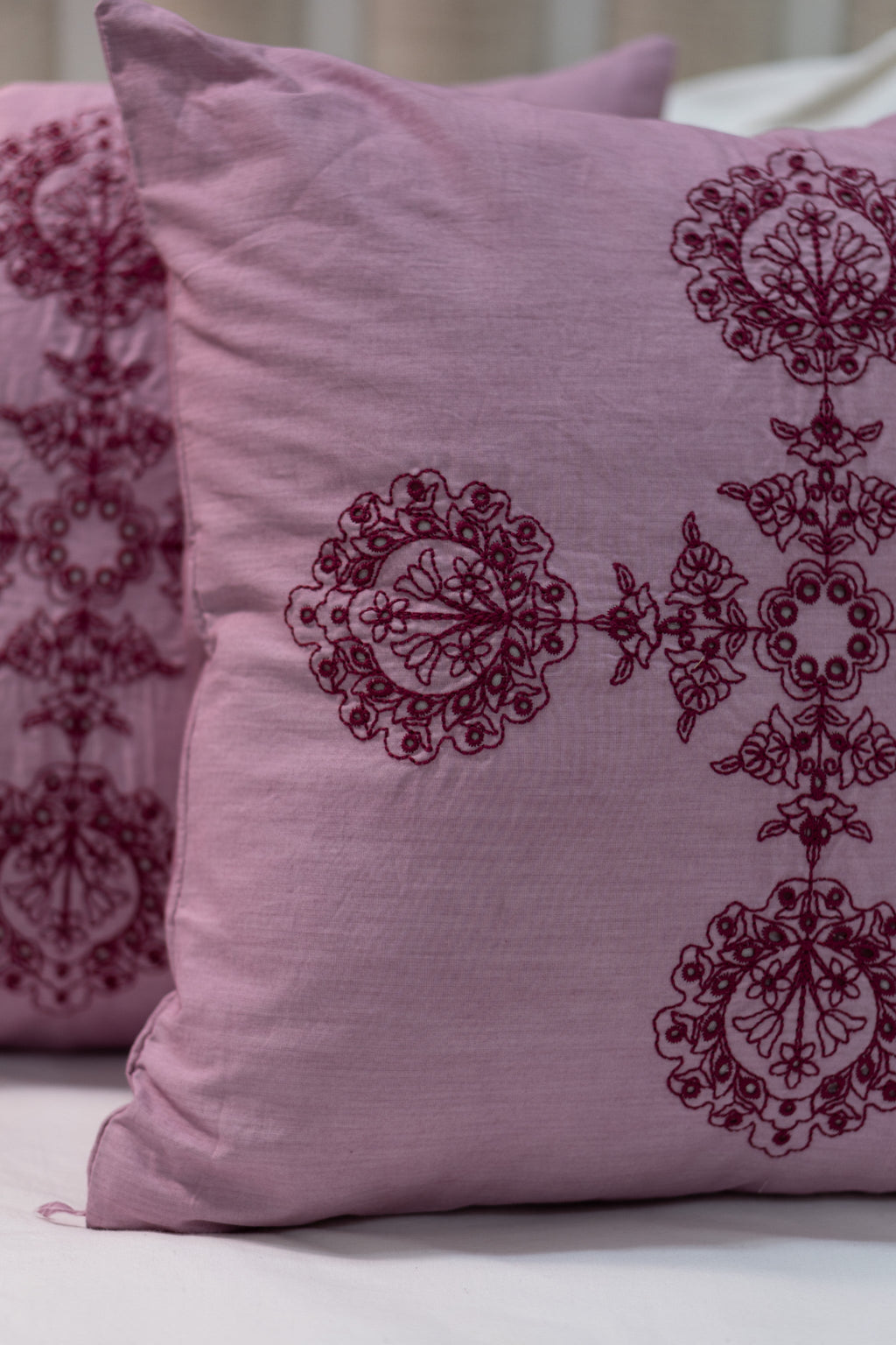 Our Embroidery Cushion with Intricately embroidered mandala motifs. Schiffli Embroidered Cushions with cutwork.