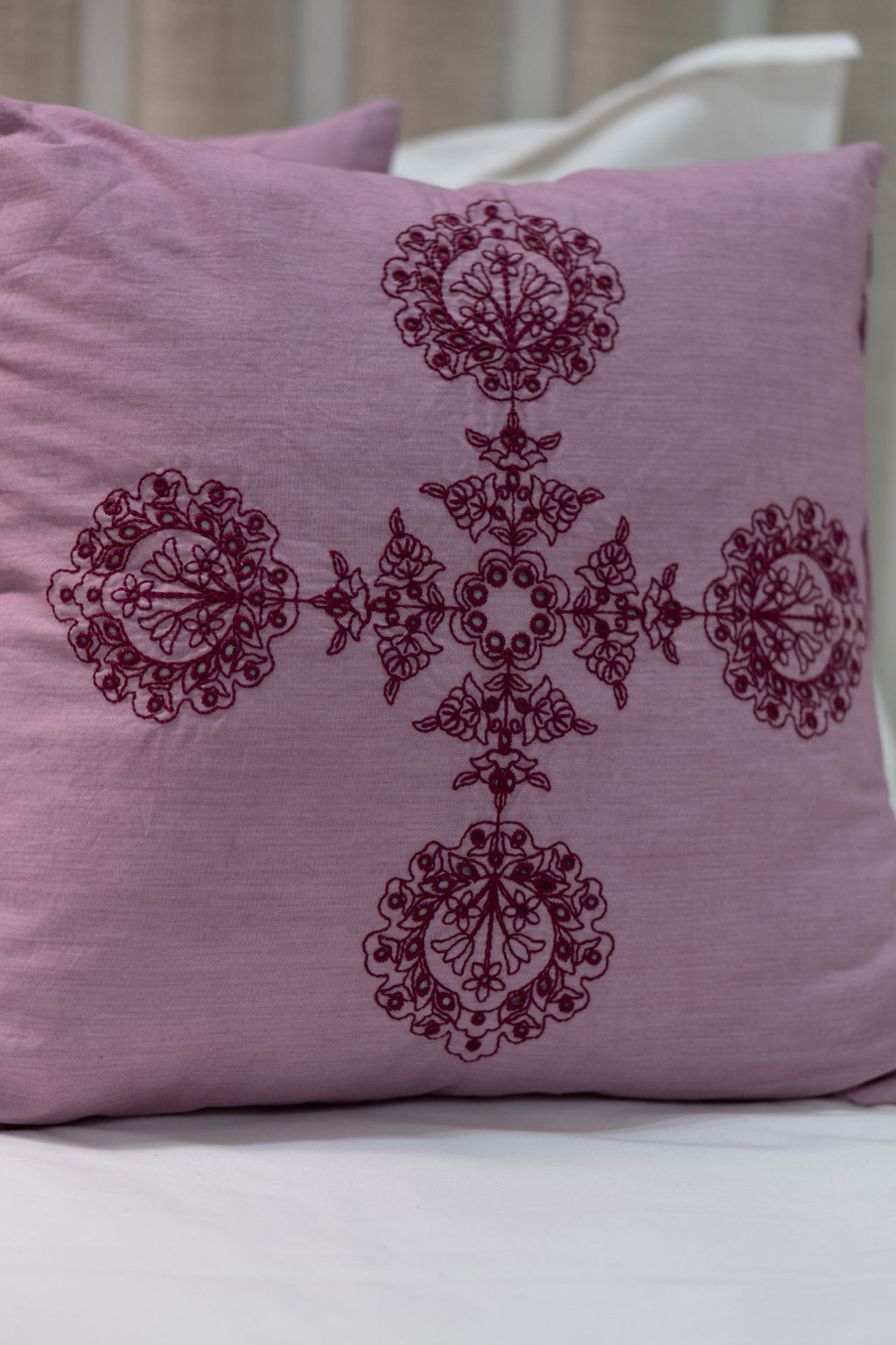 Our Embroidery Cushion with Intricately embroidered mandala motifs. Schiffli Embroidered Cushions with cutwork.