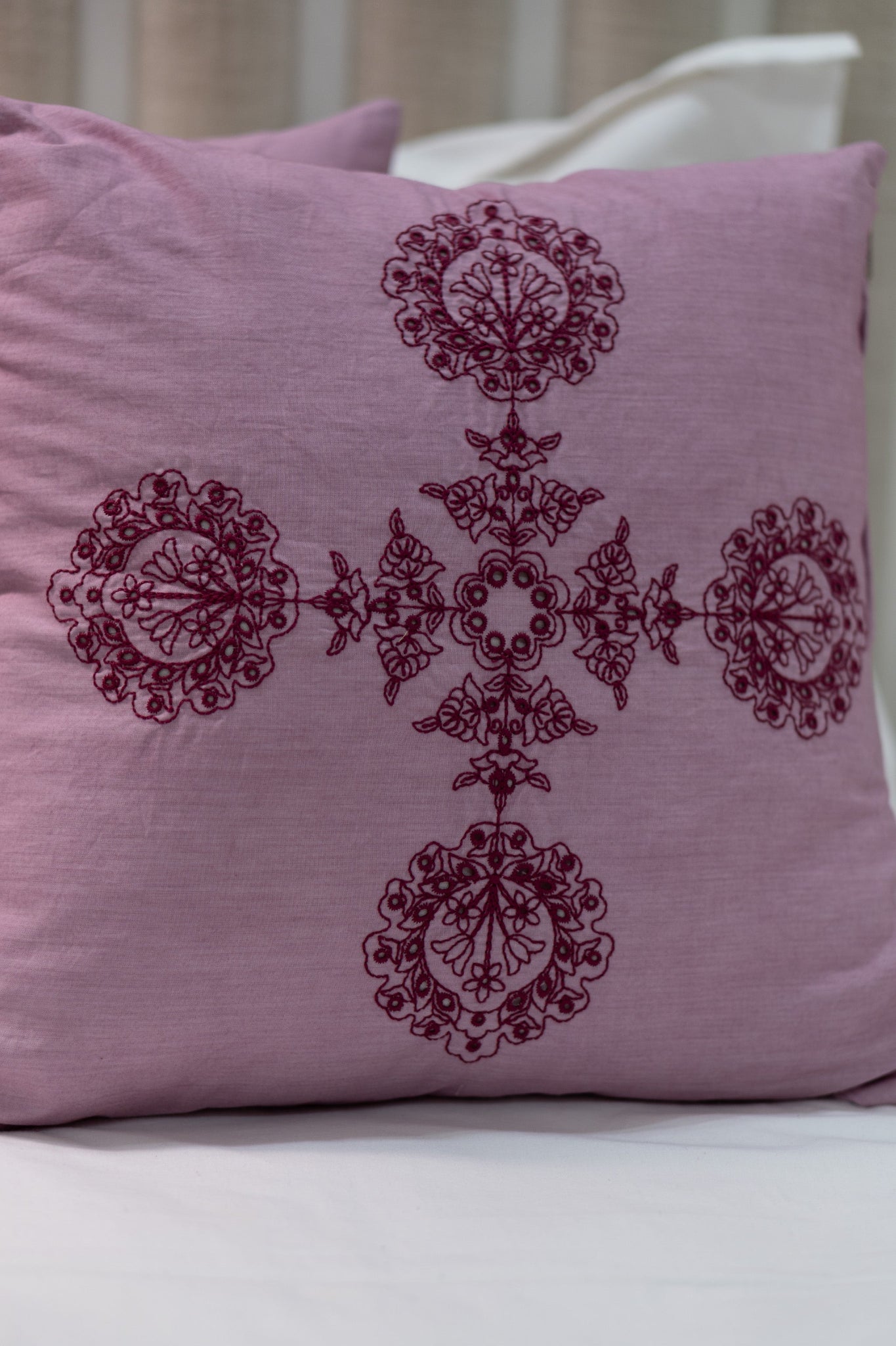 Our Embroidery Cushion with Intricately embroidered mandala motifs. Schiffli Embroidered Cushions with cutwork.