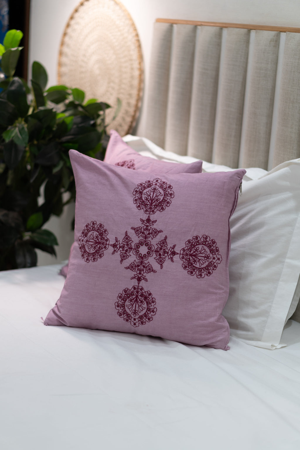 Our Embroidery Cushion with Intricately embroidered mandala motifs. Schiffli Embroidered Cushions with cutwork.