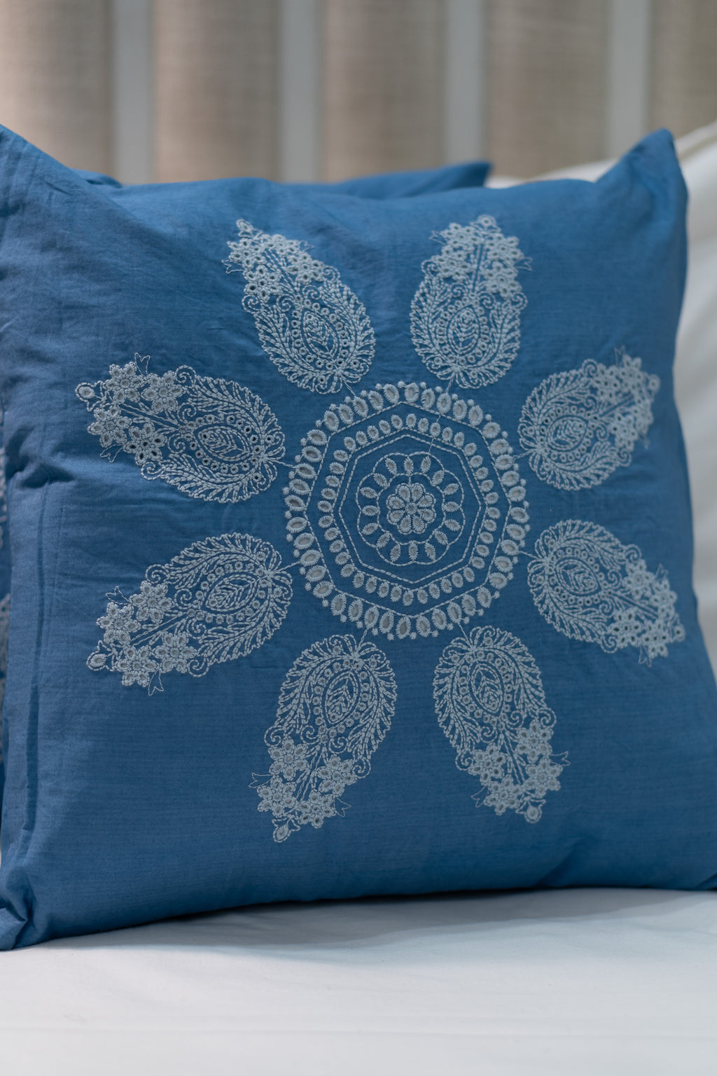 Our Embroidery Cushion with Intricately embroidered mandala motifs. Schiffli Embroidered Cushions with cutwork.
