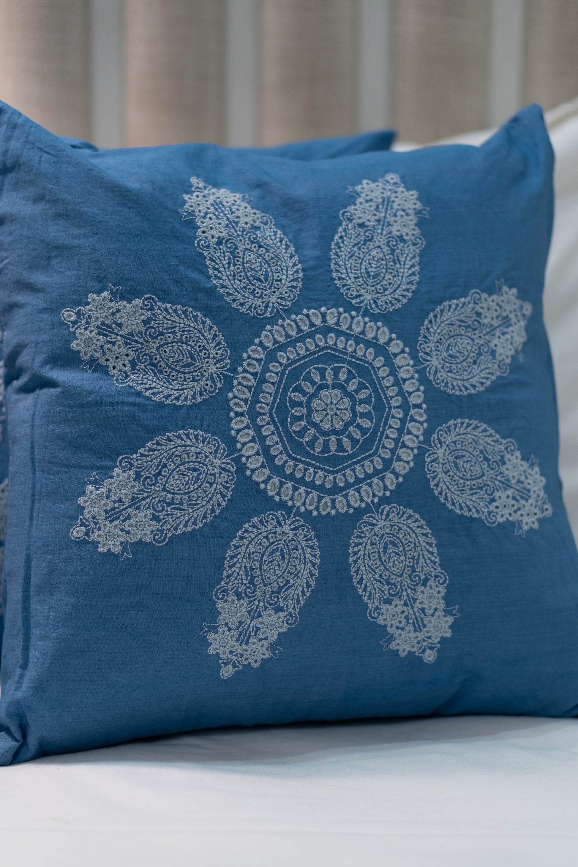 Our Embroidery Cushion with Intricately embroidered mandala motifs. Schiffli Embroidered Cushions with cutwork.