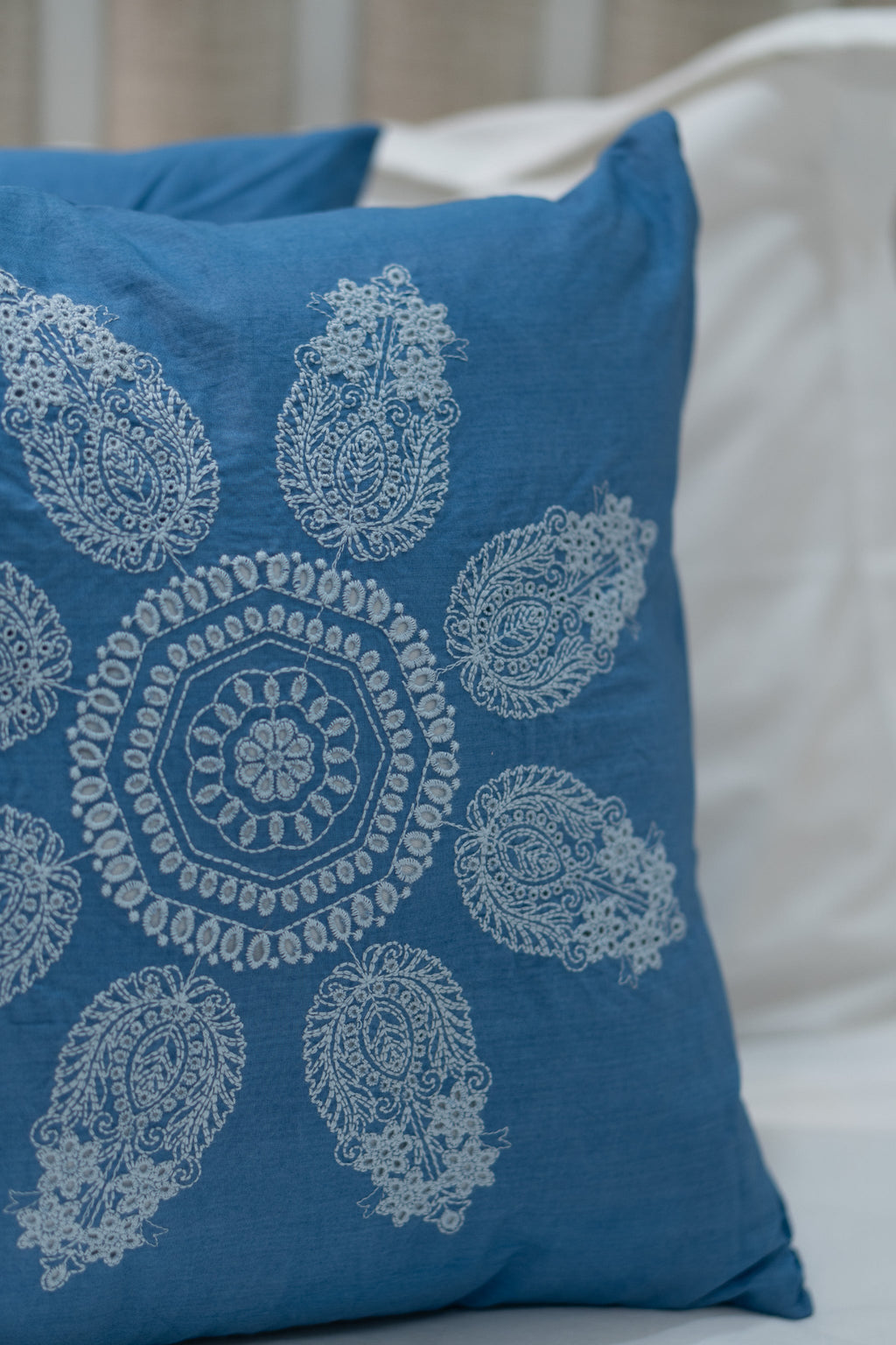 Our Embroidery Cushion with Intricately embroidered mandala motifs. Schiffli Embroidered Cushions with cutwork.