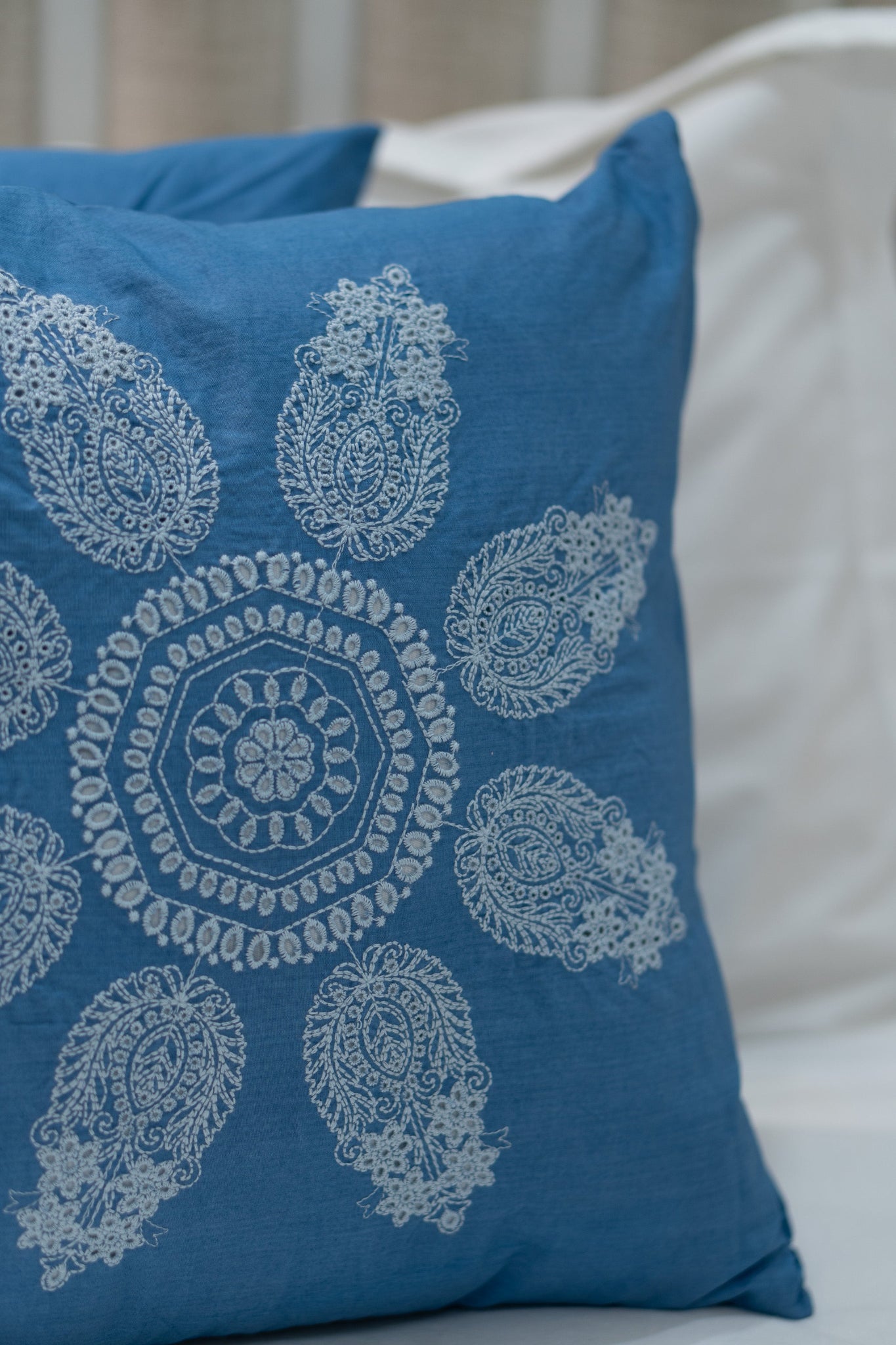 Our Embroidery Cushion with Intricately embroidered mandala motifs. Schiffli Embroidered Cushions with cutwork.