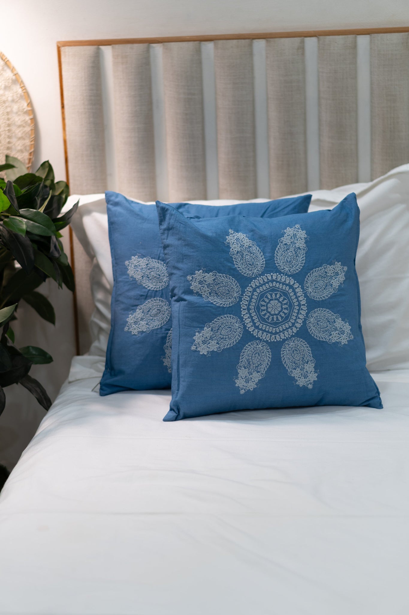 Our Embroidery Cushion with Intricately embroidered mandala motifs. Schiffli Embroidered Cushions with cutwork.
