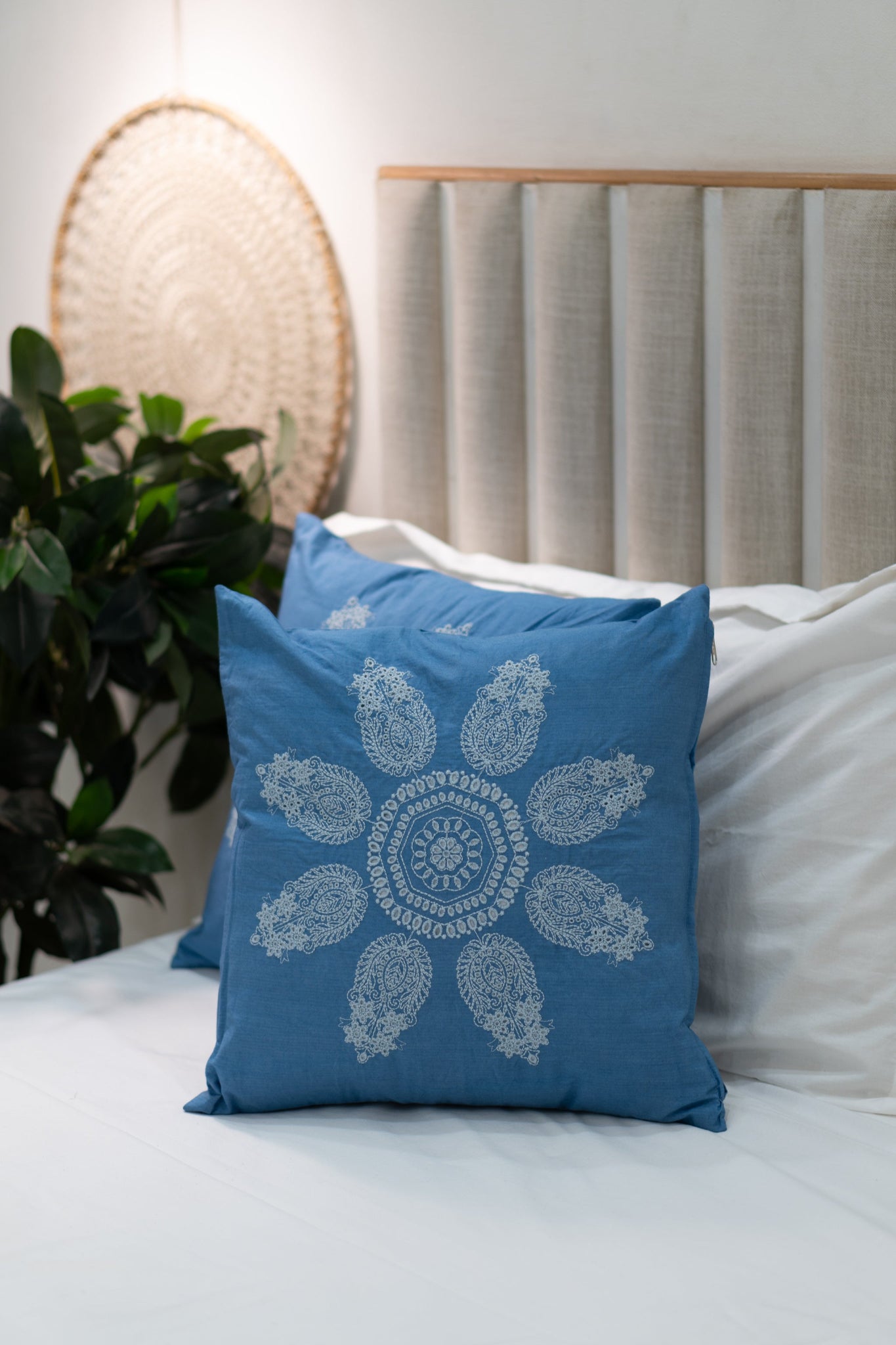Our Embroidery Cushion with Intricately embroidered mandala motifs. Schiffli Embroidered Cushions with cutwork.