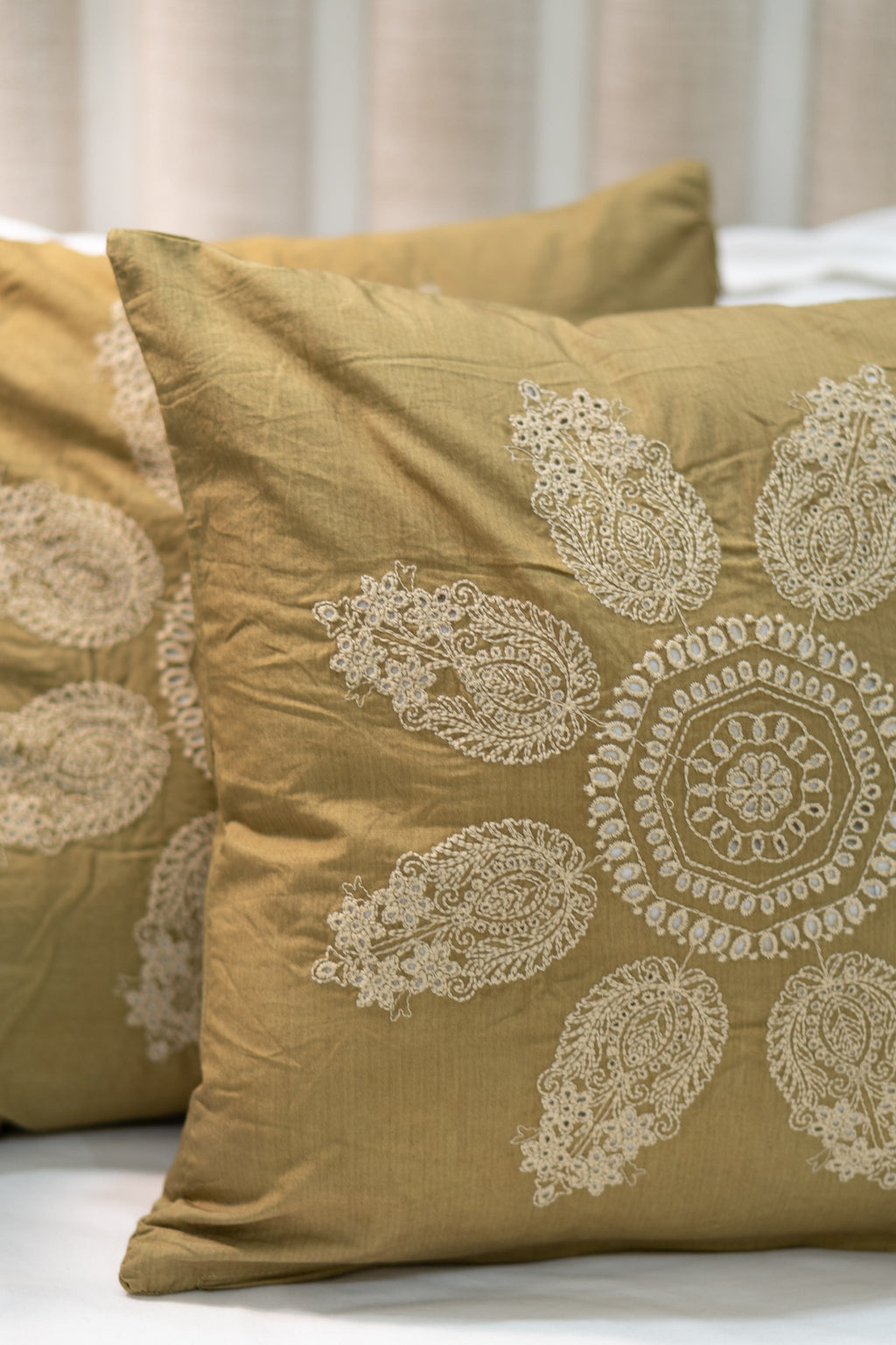 Our Embroidery Cushion with Intricately embroidered mandala motifs. Schiffli Embroidered Cushions with cutwork.