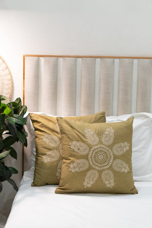 Our Embroidery Cushion with Intricately embroidered mandala motifs. Schiffli Embroidered Cushions with cutwork.