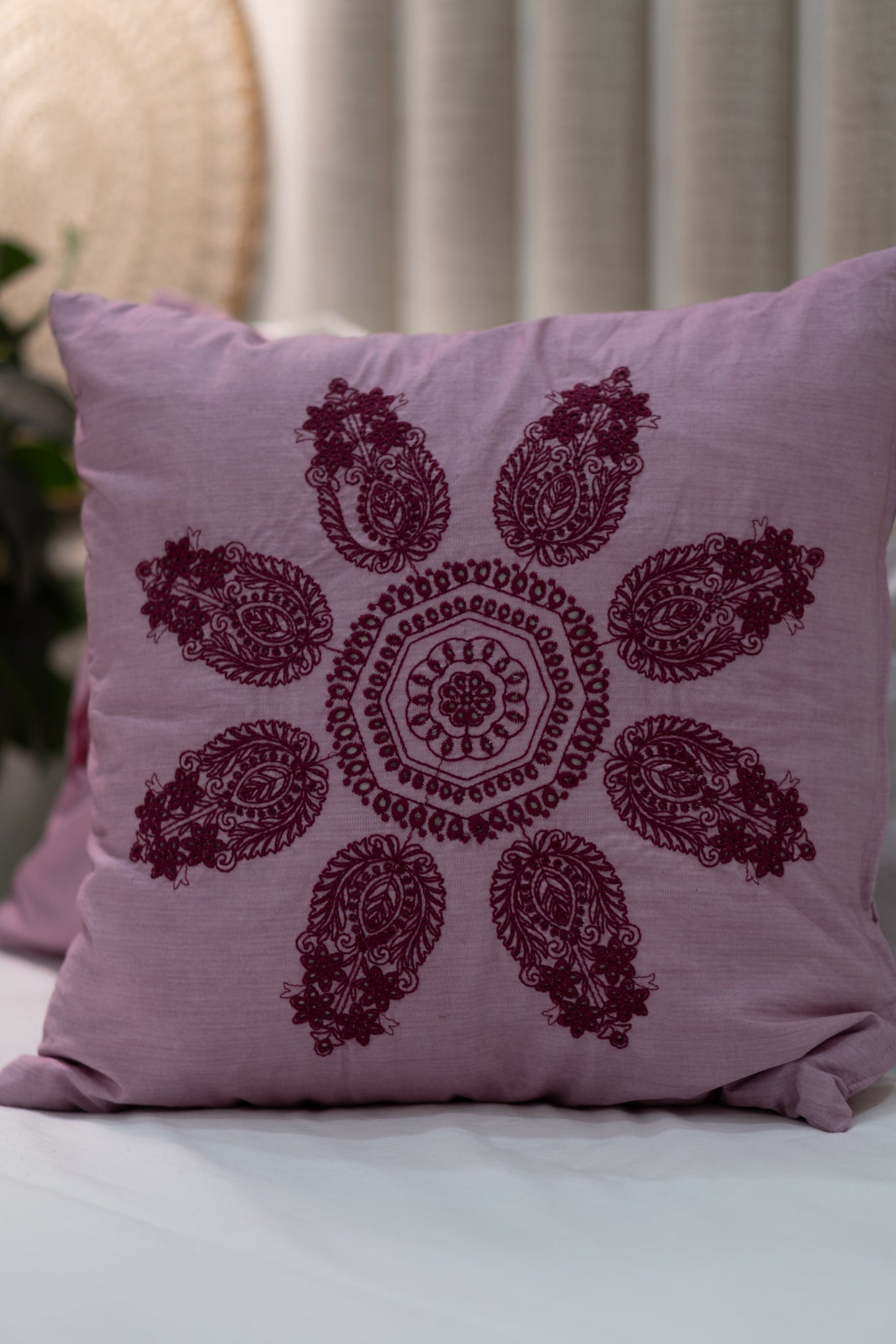 Our Embroidery Cushion with Intricately embroidered mandala motifs. Schiffli Embroidered Cushions with cutwork.