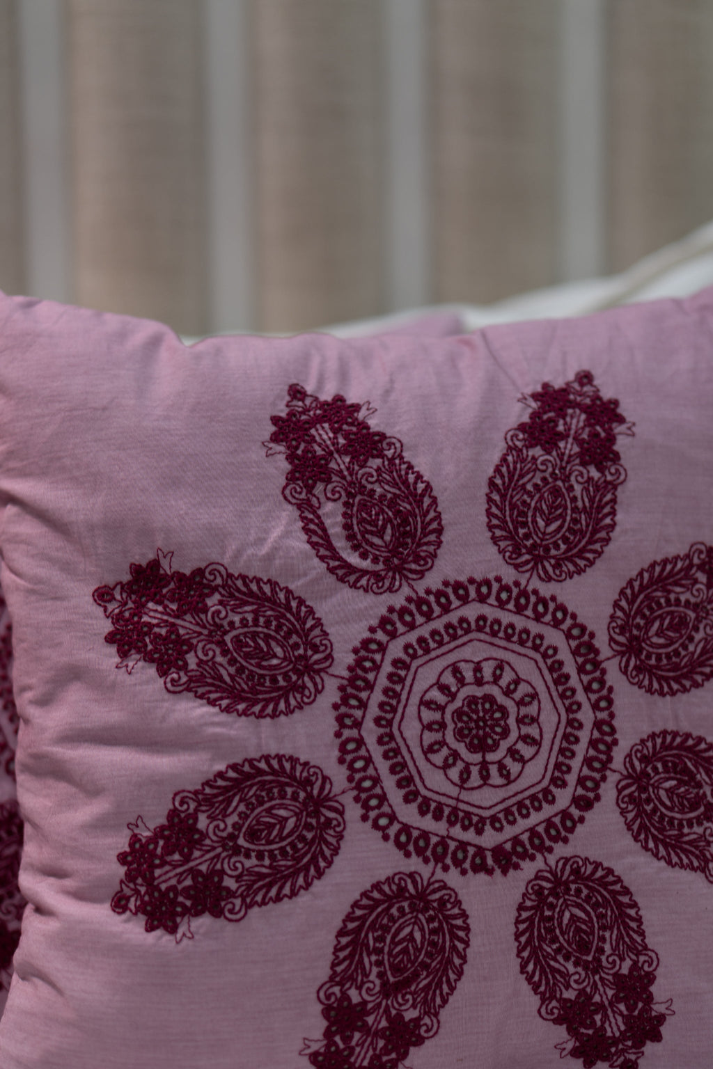 Our Embroidery Cushion with Intricately embroidered mandala motifs. Schiffli Embroidered Cushions with cutwork.