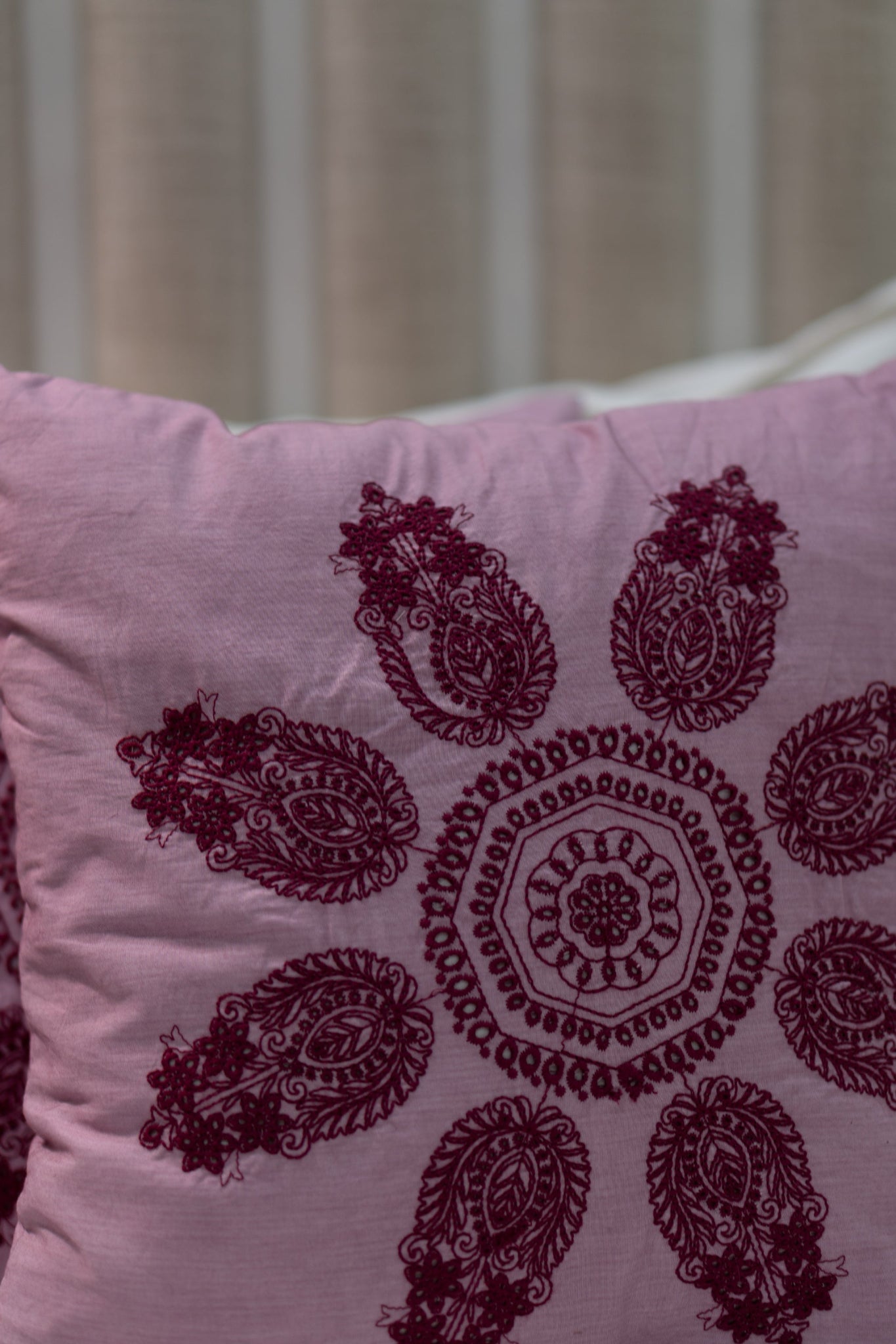 Our Embroidery Cushion with Intricately embroidered mandala motifs. Schiffli Embroidered Cushions with cutwork.