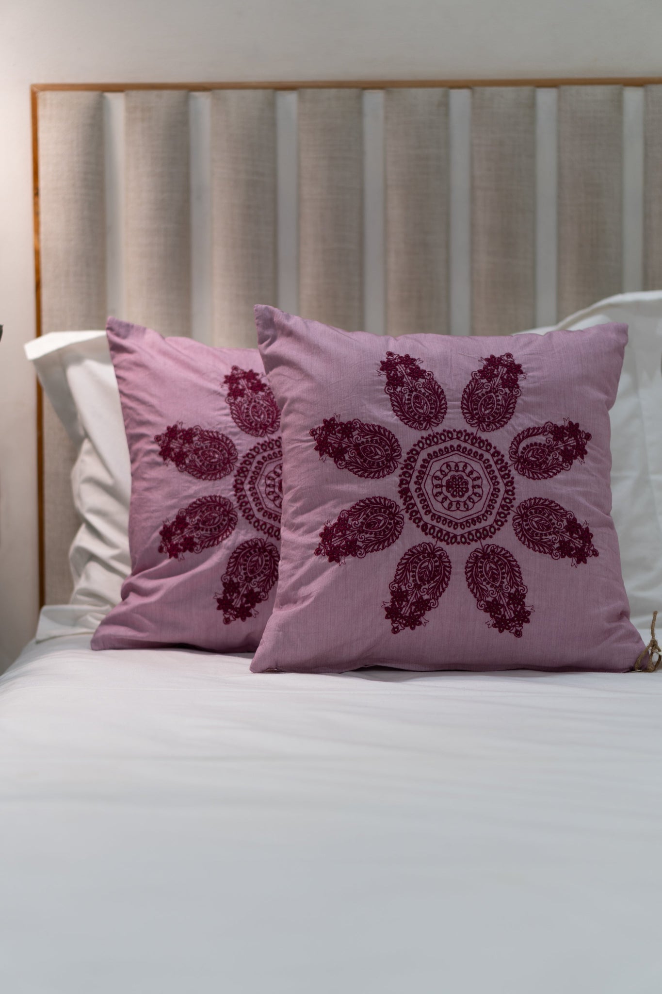 Our Embroidery Cushion with Intricately embroidered mandala motifs. Schiffli Embroidered Cushions with cutwork.