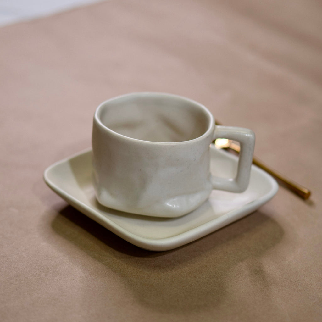 matte white yunomi mug with matte white plate