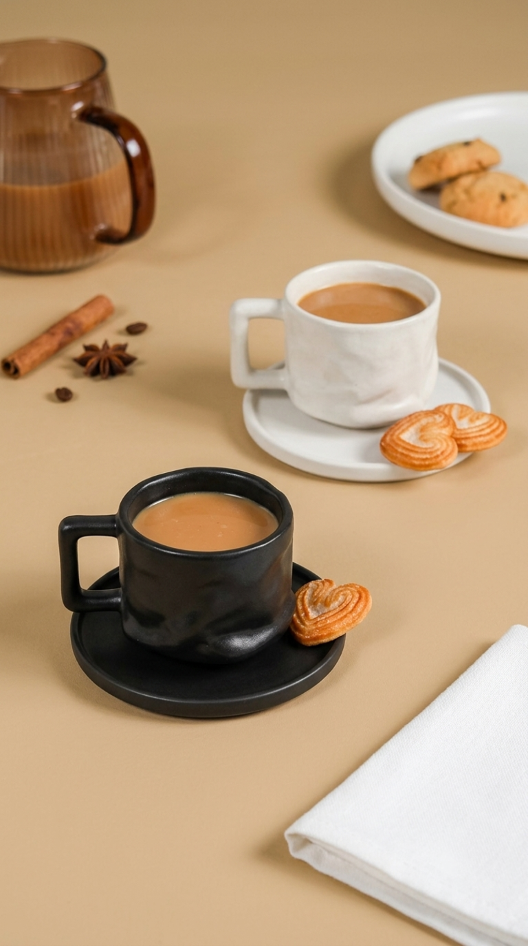 Set of 2 - White & Black Yunomis With Coaster | 300ml (2pcs)